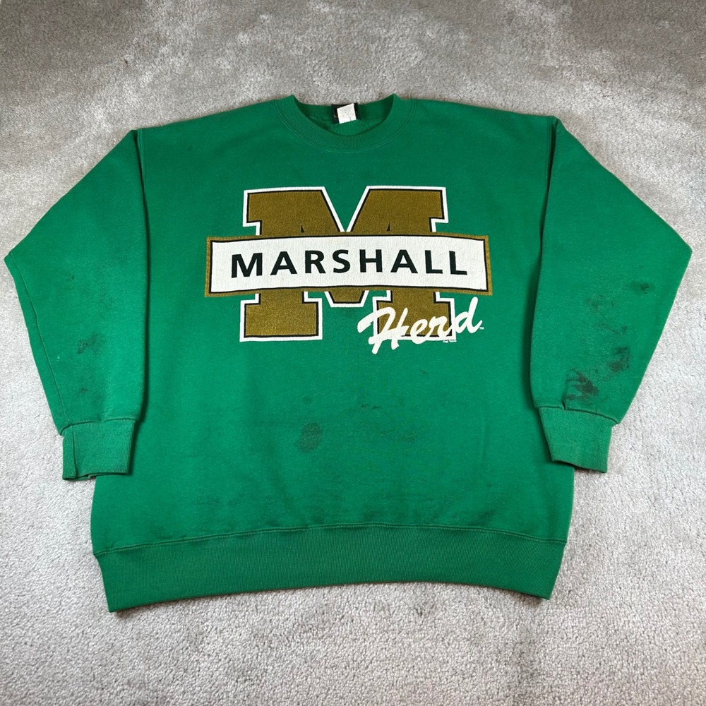 Vintage 90s Nutmeg Marshall University Sweatshirt Mens XL Green Made in USA Herd